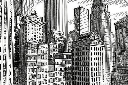 detailed black and white cityscape with skyscrapers and buildings. Generative AI