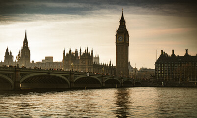 Big Ben, Westminster Bridge stylized as old photo. Vintage theme.