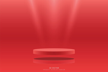 3d background with realistic red cylinder podium stage floating on the air in studio room. Minimal wall scene for product presentation, mockup, template. design for advertise or promote product.
