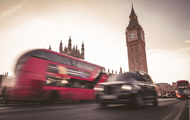 Big Ben. Red bus. British Taxi. Westminster Bridge.