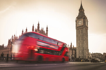 Fototapeta na wymiar Long Exposure of Big Ben and Red Double Decker bus. Westminster Bridge. Classic London photo wallpaper.
