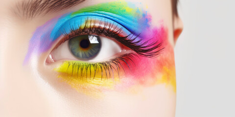Auge einer Frau mit buntem Makeup, Nahaufnahme - Generative AI