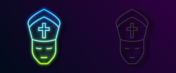 Glowing neon line Pope icon isolated on black background. Pope hat. Holy father. Vector