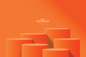 Empty orange room with set of six steps 3D cylinder podium pedestal or product display stand. 3D vector geometric platform design. Minimal wall scene for mockup. stage for product presentation. - obrazy, fototapety, plakaty
