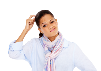 Confused, doubt and woman scratching her head for confusion, decision or problem solving. Puzzled, wondering and portrait of female model with question while isolated on a transparent png background.