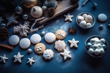 Obraz na płótnie Canvas Beautiful snow Christmas ornaments, blue, generative AI