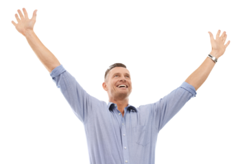 Winning, man and freedom or success isolated on transparent, png background for bonus, sale or promotion. Business person, entrepreneur or winner with yes, celebration and arms in air for achievement