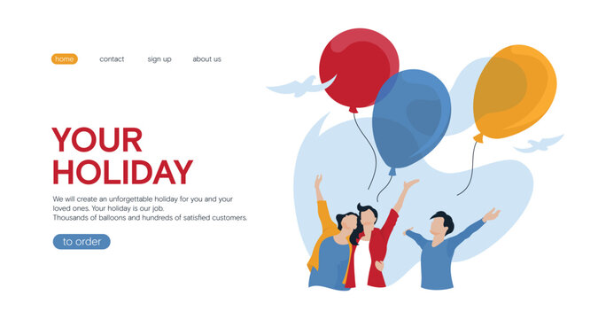 Web Banner. Happy People Launch Balloons Into The Sky. Festive Mood. Blue Sky, Doves. Vector Image.