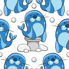 Vector pattern of cute seal in blue and white colors in cartoon comic style.