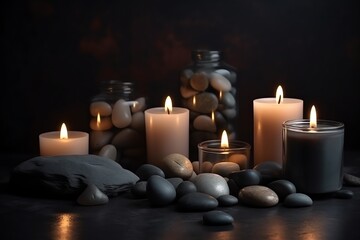 Fototapeta na wymiar Candles And Stones On Dark Background, Wellness Setting, Aromatherapy. Generative AI
