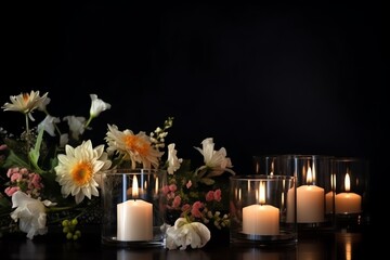 Funeral Concept With Candles, Flowers, Black Background, And Text Space. Generative AI