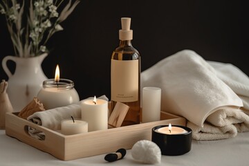 Fototapeta na wymiar Decorative Spa Set With Towel, Candle, And Oil Bottle For Skincare. Generative AI
