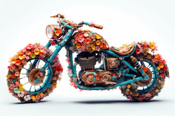 Motorbike surrounded by spring flowers. Generative AI. Eco-friendly concept