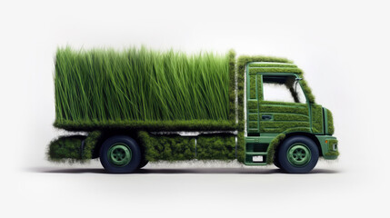 Truck surrounded by green grass. Generative AI. Eco-friendly concept