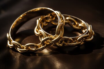 Two Gold Wedding Rings Connected Like Chain Links. Generative AI