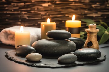 Fototapeta na wymiar Spa Scene With Massage Stones, Towel, And Candles Promoting Health. Generative AI