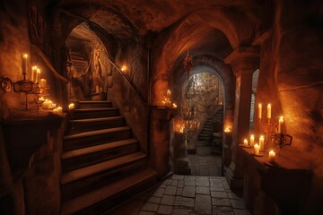 Obraz premium Underground Magical Castle With Sewers, Walkways, Left Stairway, Candle Lit Night. Generative AI