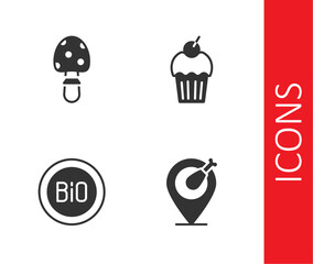 Set Chicken leg, Fly agaric mushroom, Banner for bio and Muffin icon. Vector