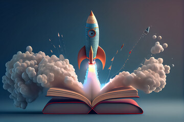 illustration of rocket starting fly from book education concept. ai