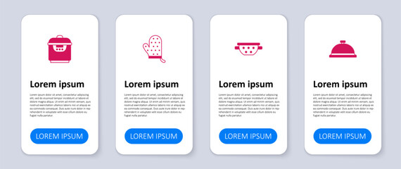 Set Covered with tray of food, Kitchen colander, Oven glove and Slow cooker. Business infographic template. Vector