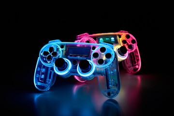 Generative AI illustration set of modern gamepads with colorful neon illumination placed on black background in dark room