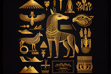 illustration of egyptian wall with hieroglyphs inside the pharaoh's tomb. AI