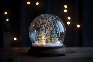 Snow globe, snowy landscape, pine trees, generative AI