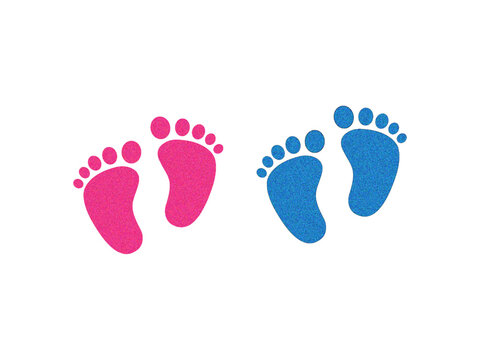 Baby footsteps vector illustration set, pairs of pink and blue footprints in grains textured style isolated on white background