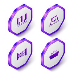 Set Isometric Kid playground slide pipe, Swing for kids, Education logic game and Sandbox with sand icon. Purple hexagon button. Vector