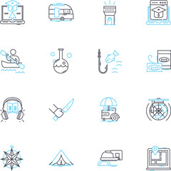 Fototapeta premium Mountain meadow linear icons set. Blissful, Alpine, Meadowsweet, Pristine, Scenic, Wildflowers, Picturesque line vector and concept signs. Serene,Tranquil,Lush outline illustrations