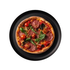 Pizza On Black Smooth Round Plate On Isolated Transparent Background U.S. Dish. Generative AI