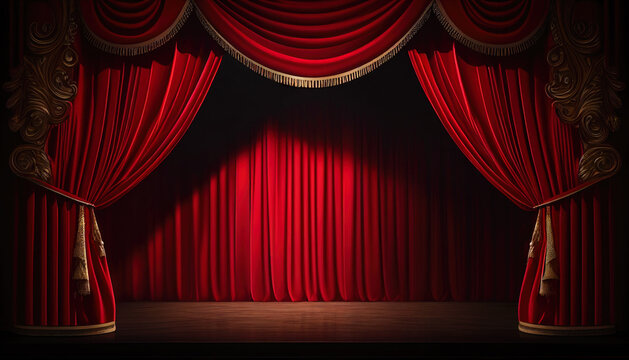 Red Stage Curtain and Wooden Floor Theater. AI generative