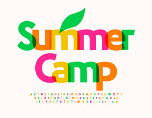 Vector travel emblem Summer Camp. Bright watercolor Font. Creative Alphabet Letters and Numbers set