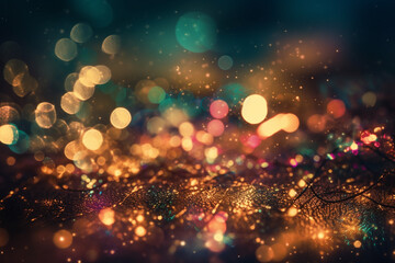Festive background with natural bokeh and bright golden lights.