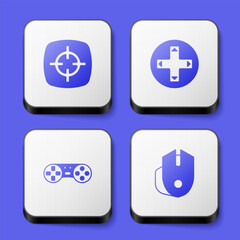 Set Target sport, Game controller joystick, and Computer mouse icon. White square button. Vector