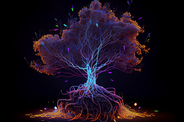 illustration of big tree with lush foliage and powerful roots in neon colors. AI