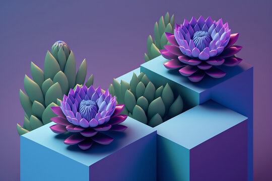 Generative AI illustration set of various cactuses placed on rectangular stands among pink stones on purple background