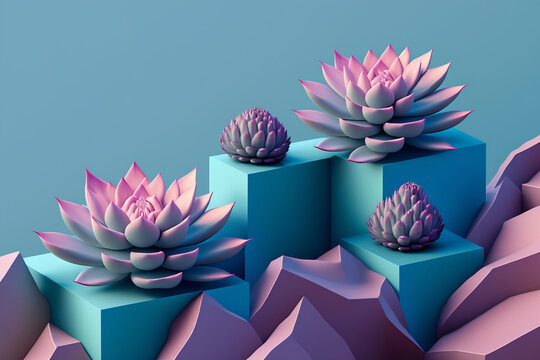 Generative AI illustration set of various cactuses placed on rectangular stands among pink stones on blue background