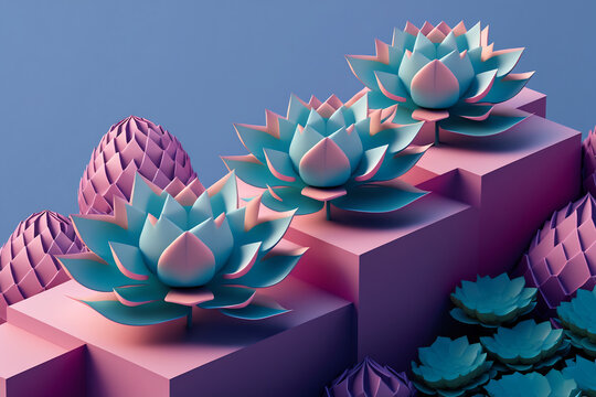 Generative AI illustration set of various cactuses placed on rectangular stands among pink stones on blue background