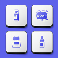 Set Shaving gel foam, Bar of soap, Perfume and Essential oil bottle icon. White square button. Vector