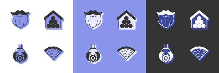 Set Wooden beam, Mustache and beard, Grapple crane grabbed log and logs icon. Vector