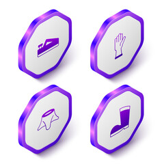 Set Isometric Wood plane tool, Protective gloves, Tree stump and Waterproof rubber boot icon. Purple hexagon button. Vector