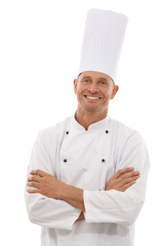 Man in portrait, arms crossed with chef and cooking skill in hospitality isolated on transparent, png background. Culinary service, professional male cook and smile, expert in cuisine and fine dining