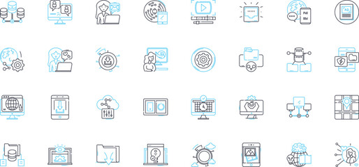 Virtual community linear icons set. Online, Interconnected, Social, Collaborative, Digital, Cyber, Engaging line vector and concept signs. Interactive,Unified,Empowering outline illustrations