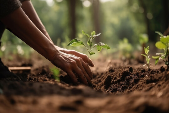 Generative AI illustration of unrecognizable person planting green plant with thin stem and leaves in garden against blurred background