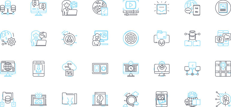 Virtual community linear icons set. Online, Interconnected, Social, Collaborative, Digital, Cyber, Engaging line vector and concept signs. Interactive,Unified,Empowering outline illustrations