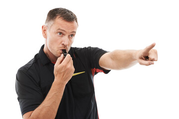 Referee, whistle and pointing with a man isolated on a transparent background for the sports...