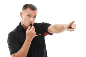 Referee, whistle and pointing with a man isolated on a transparent background for the sports control. Rules, warning and authority with a male official blowing for a foul during a game on PNG
