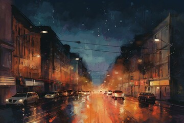 a painting of a city at night with cars driving down the street and street lights on the street and buildings in the background with lights on. generative ai