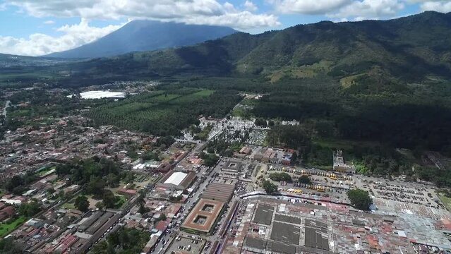Antigua City in Guatemala. Beautiful Old Town and Downtown. Drone Point of View. Sightseeing